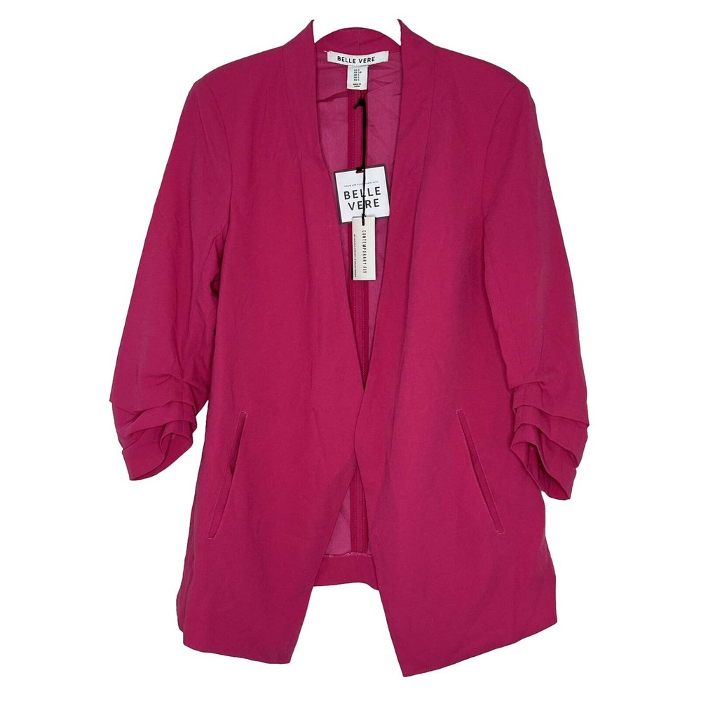 Belle Vere Women Hot Pink Ruched 3/4 Sleeve Open Front Jacket Blazer Size S New